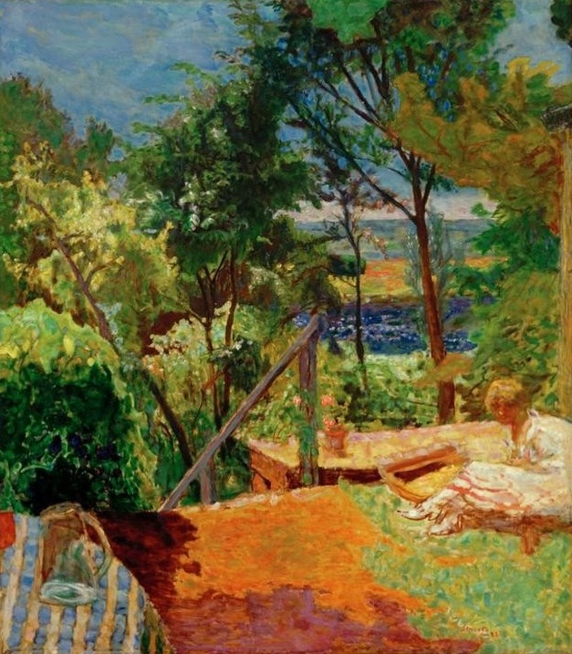 Pierre Bonnard, Terrasse à Vernon (Frau,Garten Und Park,Kunst,Landhaus,Landschaft,Menschen Im Park,Terrasse,Impressionismus,Tisch,Hausgarten,Tischtuch,Französische Kunst,Im Freien (Allgemein),Menschen Im Garten,Bucht,Frauenleben,Nabis,Sonnenschein,Blumentopf,Blumenkasten,Garten)
