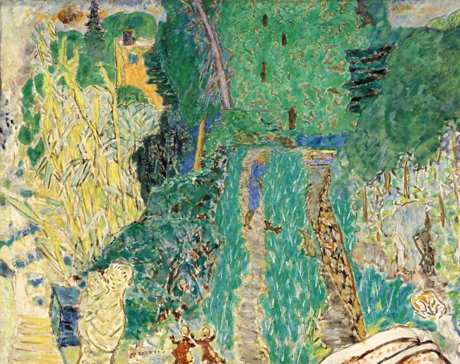 Pierre Bonnard, Jardin au petit pont (Brücke,Garten Und Park,Kunst,Landschaft,Mutter Und Kind,Freizeit,Impressionismus,Hausgarten,Gartenarbeit,Französische Kunst,Familienleben,Menschen Im Garten,Nabis,Garten)