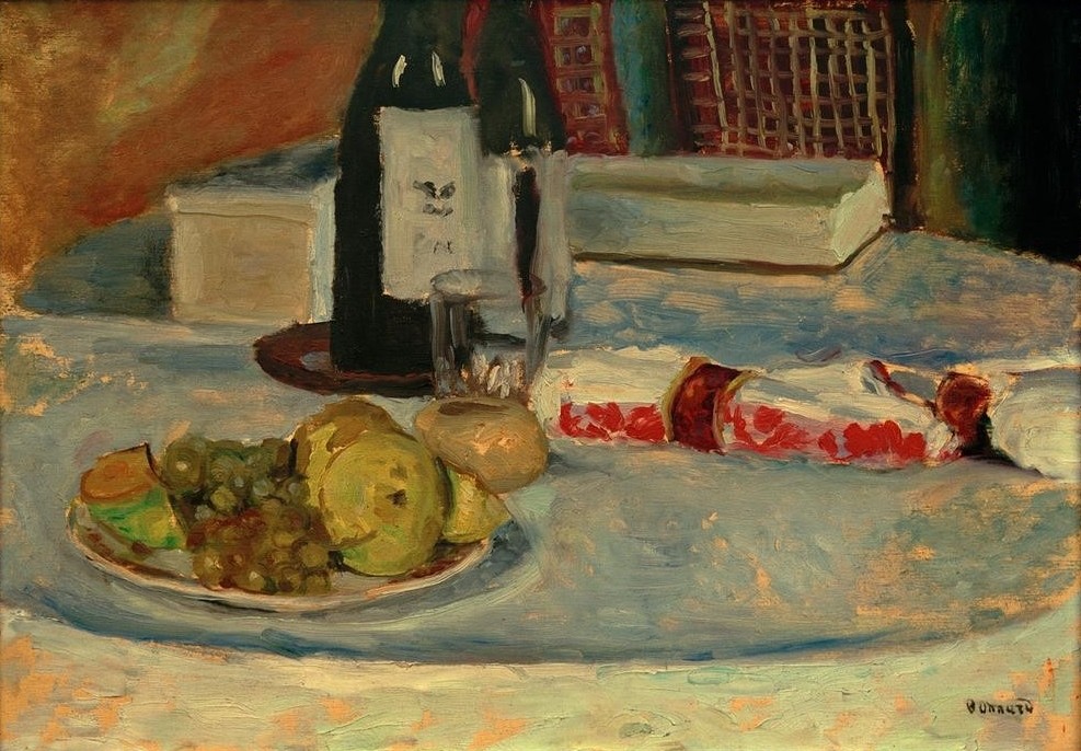 Pierre Bonnard, Les Serviettes (Buch,Früchte,Kunst,Obst,Wein,Impressionismus,Stillleben,Flasche,Französische Kunst,Weintraube,Nabis,Serviette,Jahrhundertwende,Obstteller,Weinflasche,Serviettenring,Schachtel)