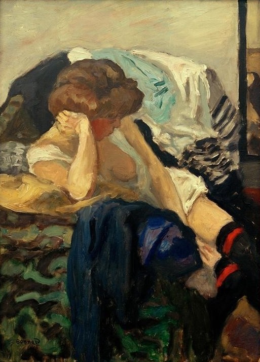 Pierre Bonnard, Les jarretières rouges (Erotik,Frau,Kunst,Schönheit,Impressionismus,Portrait,Strumpfband,Französische Kunst,Sexualität,Nabis,Rot,Kopf Stützen)