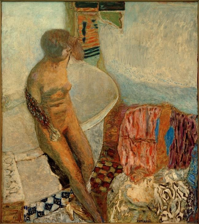 Pierre Bonnard, Nu a la baignoire (Sortie du bain) (Körperpflege,Bad,Frau,Kunst,Wannenbad,Impressionismus,Akt,Französische Kunst,Badezimmer,Nabis,Ganzfigurig,Fliese,Badewanne)