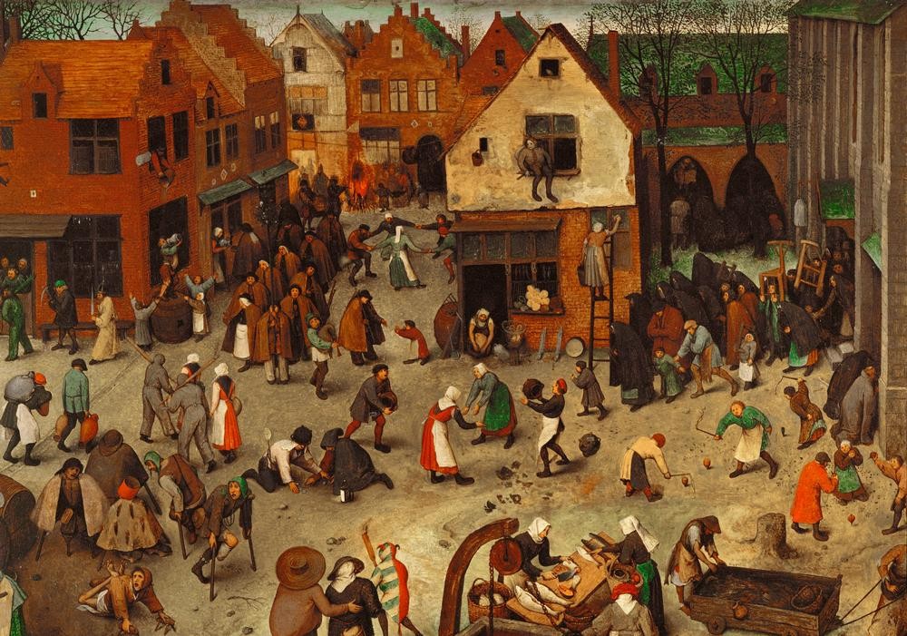 Pieter Brueghel der Ältere, Der Kampf zwischen Karneval und Fasten (Brauchtum,Feste,Kalenderfeste,Kinderspiel,Kunst,Prozession,Reigen (Tanz),Strassenszene,Volkskunde,Niederländische Kunst,Kreisel,Bettler,Leichentransport,Fischhandel,Fastenzeit,Umbettung,Fensterputzen,Krüppel,Fischhändlerin,Land Und Leute,Karneval)
