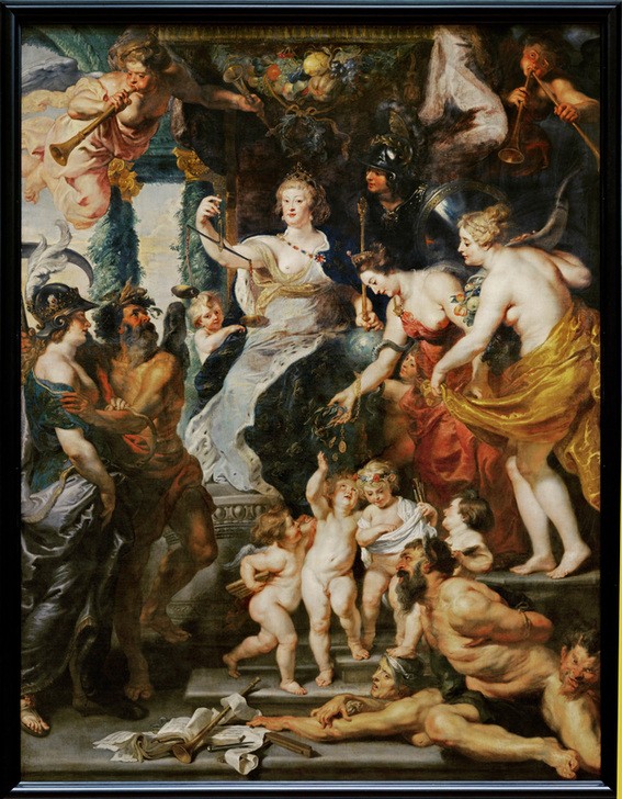 Peter Paul Rubens, Die glückliche Regierung der Maria von Medici (Flämische Kunst,Geschichte,Königin,Kunst,Mädchen,Mythologie,Szene,Barock,Akt,Allegorie,Putto,Portrait,Goldenes Zeitalter,Thron,Niederländische Kunst,Genius,Monarchie,Gerechtigkeit,Kleidung (Allgemein),Kopf,Regentschaft,Regentin,Person)