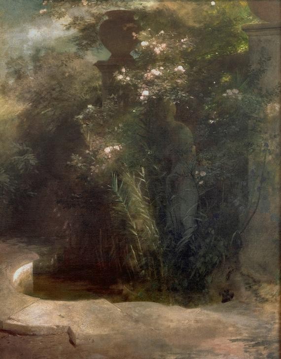 Arnold Böcklin, Verlassene Venus (Architektur,Deutsche Kunst,Frau,Garten Und Park,Mythologie,Brunnen,Akt,Architekturdarstellung,Schilf,Schweizerische Kunst,Heckenrose,Gartenarchitektur,Verlassenheit,Griechisch-Römische Mythologie,Garten)