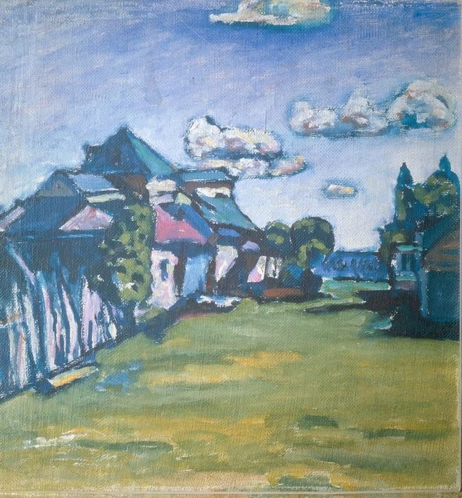 Wassily Kandinsky, Landschaft mit Häusern (Landschaft, Landschaftsmalerei, Bauernhäuser, Dorf, Russische Kunst, Expressionismus, Wohnzimmer, Treppenhaus, Wunschgröße, Klassische Moderne, bunt)