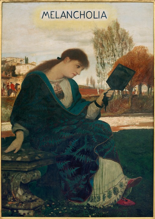 Arnold Böcklin, Melancholia (Deutsche Kunst,Frau,Landschaft,Psychologie,Spiegel,Temperamente,Fluss,Allegorie,Melancholie,Schweizerische Kunst,Handspiegel,Leben,Lebenslauf,Jahrhundertwende,Personifizierung,Symbolik)