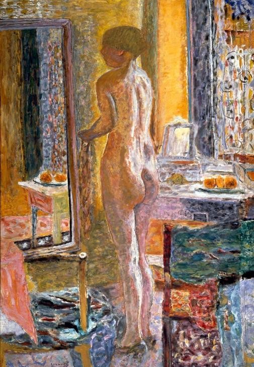 Pierre Bonnard, Nu au miroir (La Toilette) (Körperpflege,Frau,Kunst,Morgentoilette,Spiegel,Wohnung,Impressionismus,Akt,Interieur,Rückenakt,Französische Kunst,Frauenleben,Nabis,Toilettentisch)
