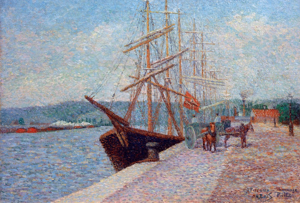 Albert Dubois-Pillet, Quai de Lesseps – Rouen  (Hafen, Quai, Segelboote, Normandie, Fluss, Seine, Frankreich, Pointilismus, Klassische Moderne, Wohnzimmer, Malerei, Wunschgröße)