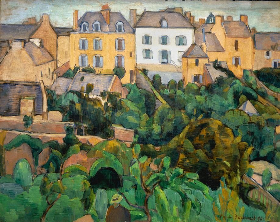Emile Bernard, Maisons à Pont-Aven (Architektur, Häuserzeile, Park,   Kleinstadt, Bäume, Stadtansicht, Architekturdarstellung,  Klassische Klassische Moderne,  Wohnzimmer, Wunschgröße, bunt)