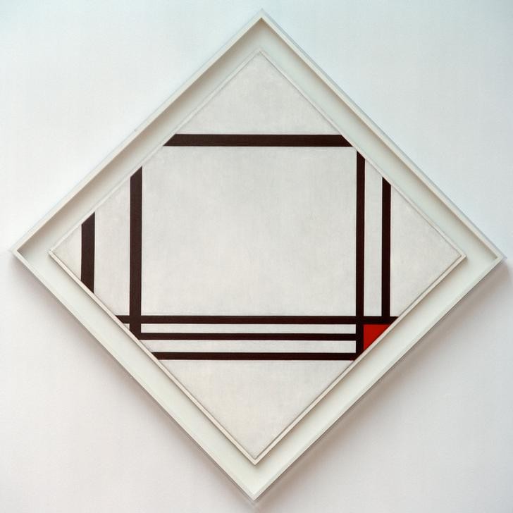 Piet Mondrian, Picture No. III, Rautenkomposition mit acht Linien und Rot (Geometrie,Kunst,Abstrakte Kunst,Niederländische Kunst,De Stijl,Rot,Raute (Form),Parallelismus,Neo-Plastizismus)