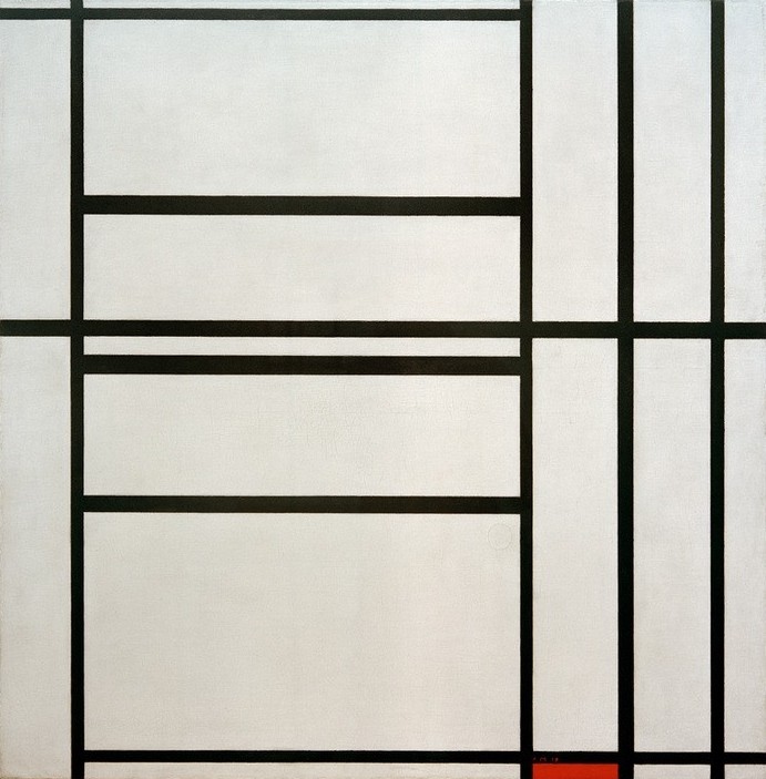 Piet Mondrian, Composition No. 1, mit Grau und Rot / Komposition mit Rot (Geometrie,Kunst,Abstrakte Kunst,Niederländische Kunst,De Stijl,Rot,Raute (Form),Parallelismus,Neo-Plastizismus)