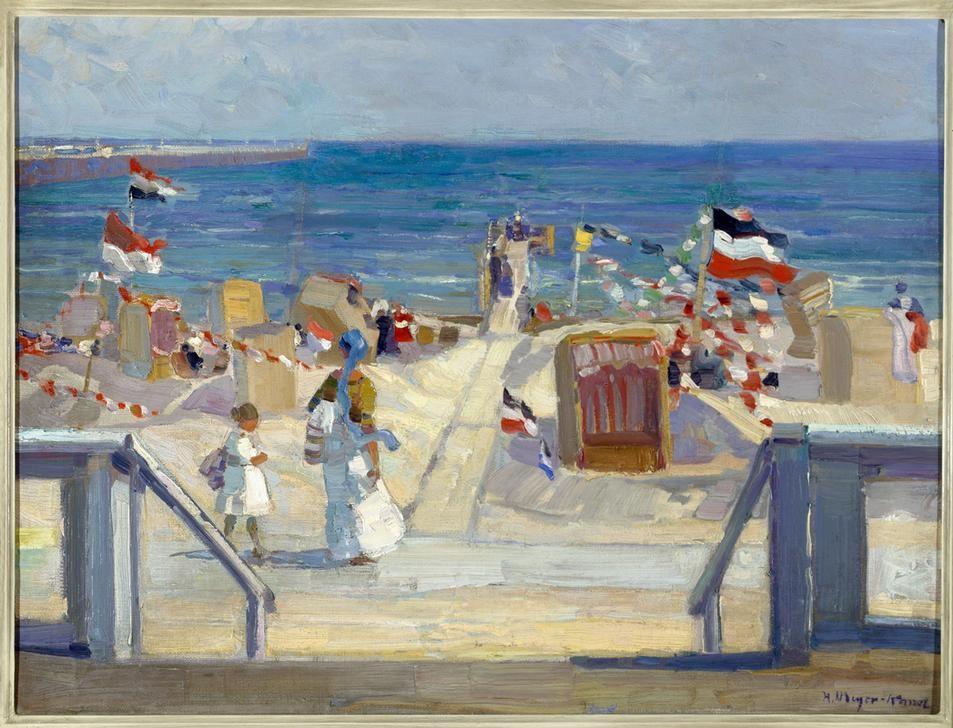 Hans Meyer-Kassel, Am Strand (Meer, Meeresbrise, Strand, Sand, Sommer, Strandkorb, Sonnenlicht, Flaggen, Seebad, Touristen, Urlauber, Postimpressionismus, Klassische Moderne, Wunschgröße, Wohnzimmer)