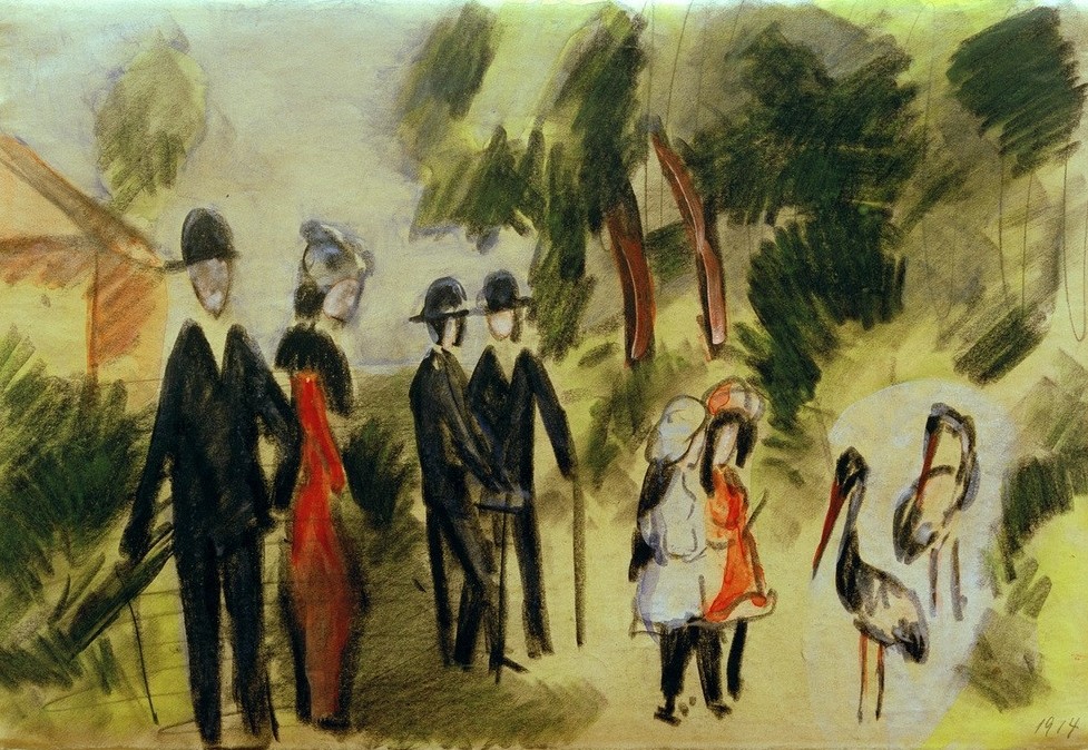 August Macke, Leute bei den Reihern (Deutsche Kunst,Garten Und Park,Kunst,Menschen Im Park,Reiher,Freizeit,Spaziergang,Zoologischer Garten,Expressionismus,Der Blaue Reiter,Menschen Im Garten,Tierpark)
