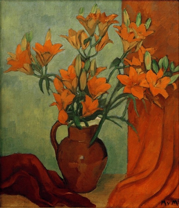 Marie von Malachowski-Nauen, Feuerlilien (Botanik,Deutsche Kunst,Kunst,Frauenkunst,Stillleben,Expressionismus,Blumenstrauss,Vorhang,Blume,Feuerlilie,Krug)