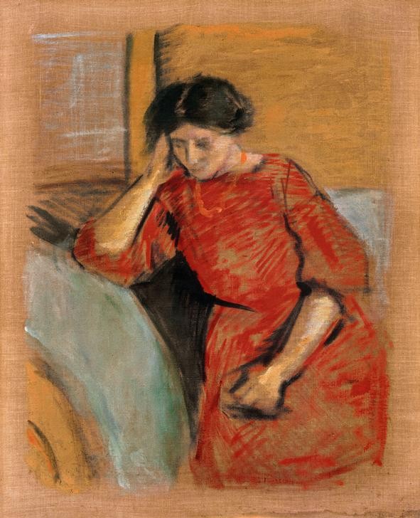 August Macke, Elisabeth im roten Kleid (Deutsche Kunst,Frau,Maler (Künstler),Ehefrau Von Berühmten,Portrait,Künstlerfrau,Kopf Stützen,Person)