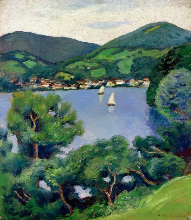 August Macke, Ansicht vom Tegernsee (Deutsche Kunst,Geographie,Landschaft,Segelboot,See,Stadtansicht,Topographie)