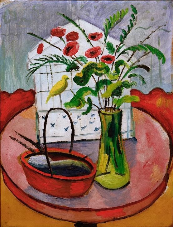 August Macke, Vogelbauer (Deutsche Kunst,Kunst,Vogel,Stillleben,Expressionismus,Der Blaue Reiter,Blumenstrauss,Vase,Vogelkäfig)