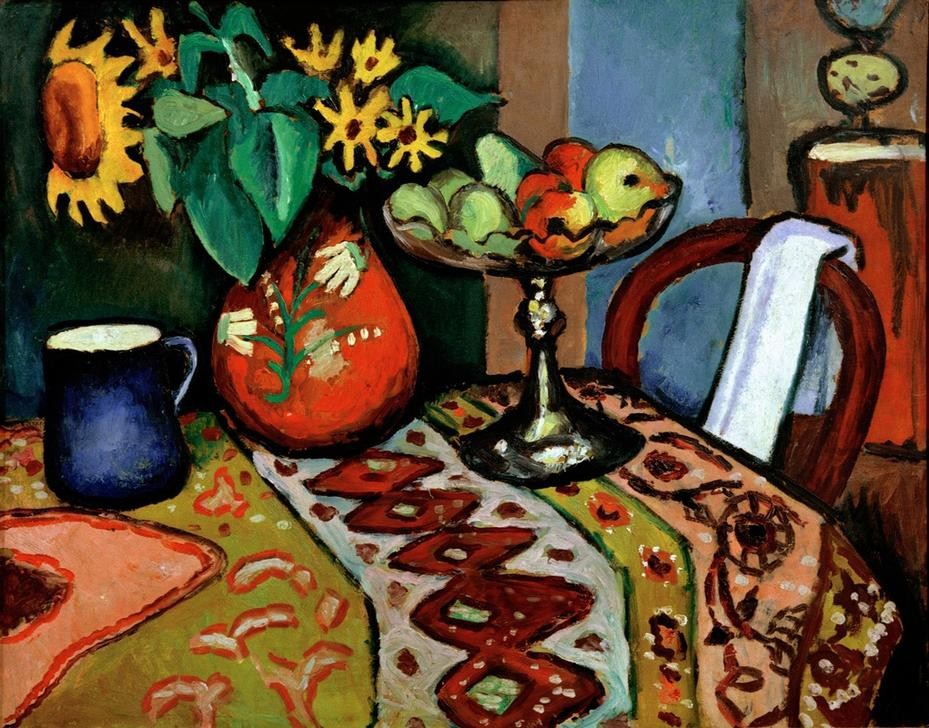 August Macke, Stilleben mit Sonnenblumen I (Deutsche Kunst,Kunst,Sonnenblume,Stillleben,Expressionismus,Der Blaue Reiter,Vase,Obstschale,Blume)