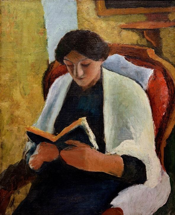 August Macke, Lesende Frau im roten Sessel (Buch,Deutsche Kunst,Frau,Kunst,Literatur,Freizeit,Portrait,Expressionismus,Lesen (Allgemein),Der Blaue Reiter,Sessel,Leserin,Sitzen,Halbfigur)