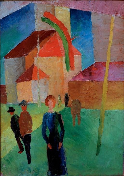 August Macke, Beflaggte Kirche (Deutsche Kunst,Flagge,Kirche,Kunst,Verkehr,Expressionismus,Der Blaue Reiter,Abstrakte Kunst,Architekturdarstellung,Fussgänger,Fussgängerin)