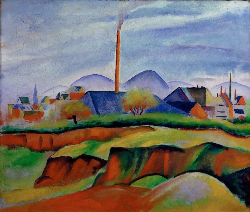 August Macke, Landschaft mit Fabrik (Deutsche Kunst,Industrie,Kunst,Landschaft,Schornstein,Expressionismus,Fabrik,Der Blaue Reiter,Industrielandschaft)