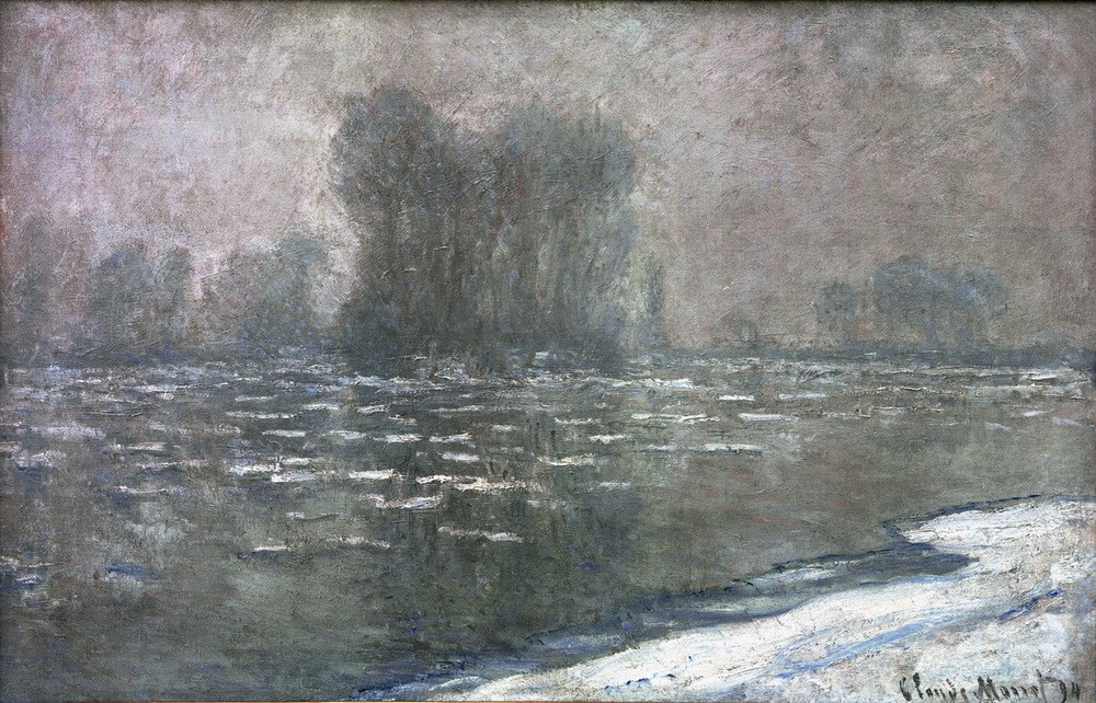 Claude Monet, Matin brumeux, débâcle (Eisgang an einem nebligen Morgen) (Eis (Kälte),Landschaft,Meteorologie,Winter,Tageszeiten,Morgen,Impressionismus,Fluss,Nebel,Französische Kunst,Eisscholle)