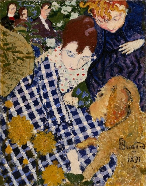 Pierre Bonnard, Frau mit Hund (Frau,Kunst,Mensch,Zoologie,Hund,Portrait,Tierliebe,Französische Kunst,Haustier,Frau Und Tier,Tier,Nabis,Kariert)