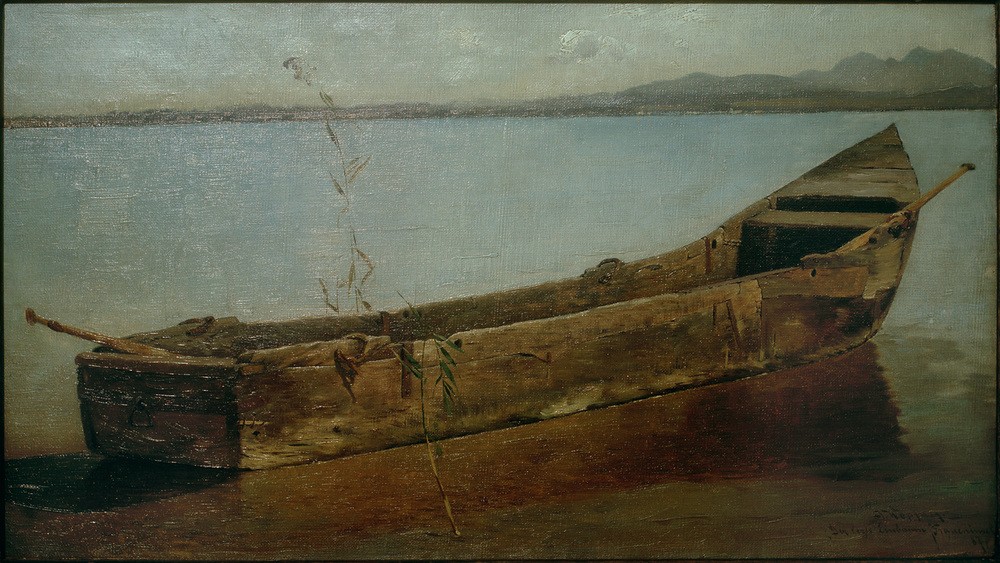 Joseph Wopfner, Der letzte Einbaum  (Chiemsee, Bayern, Horizont, Boot, Holzboot, gestrandet, Münchener Schule, Wunschgröße, Malerei, Klassiker, Wohnzimmer)