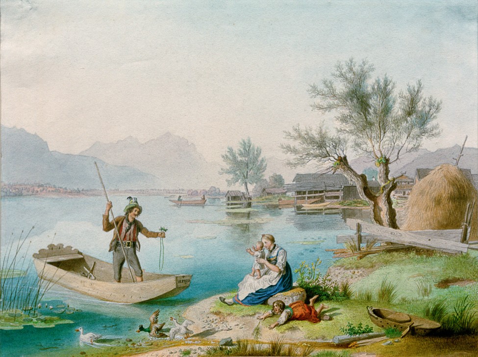 Johann Philipp Heinel, Fischerfamilie am Chiemsee (Landschaft, Familienidylle, Mutter, Kinder, See, Fischer, Sommer, Romatik, Wunschgröße, Wohnzimmer, Klassiker)