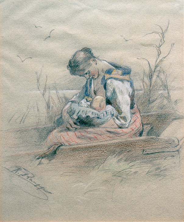 Karl Raupp, Stillende Frau in einem Kahn am Ufer des Chiemsees  (Frau, Mutter, Baby, Kahn, Zeichnung, Genremalerei, Wunschgröße, Wohnzimmer,)