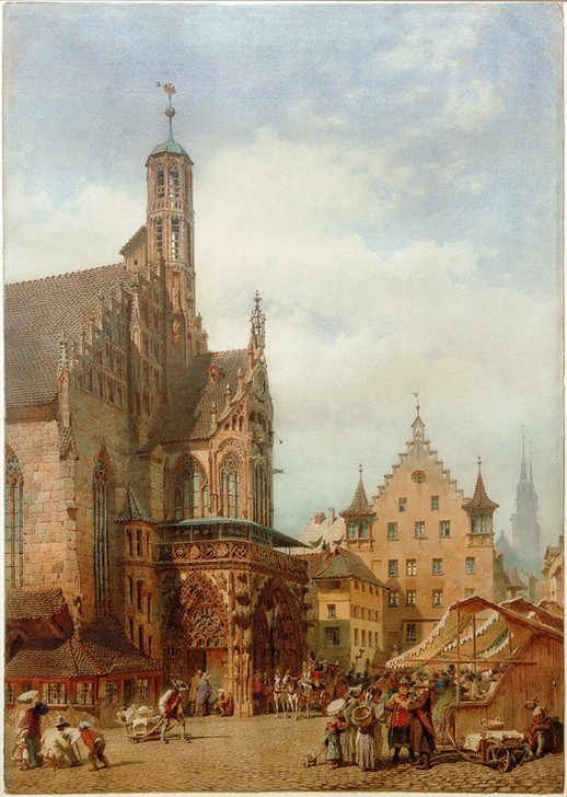 Carl Haag, Die Frauenkirche zu Nürnberg  (Architektur, Gebäude, Kirche, Marktplatz, Menschen, Alltagsszene, Städte, Bayern, Realismus, Wunschgröße, Wohnzimmer,)
