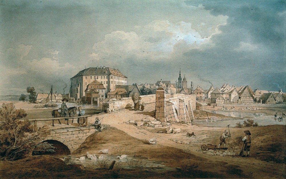 Carl August Lebschée, Die Aischbrücke zu Höchstadt (Stadt, Brücke, Deutschland, Fluss, Architektur, Alltagsszene,  Romantik, Klassiker, Wunschgröße, Wohnzimmer, Esszimmer, Malerei, bunt)