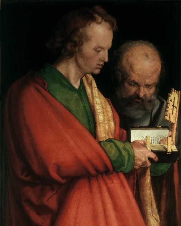 Albrecht Dürer, Evangelist Johannes und Apostel Petrus (Buch,Christentum,Deutsche Kunst,Kunst,Leser,Religion,Renaissance,Evangelist,Neues Testament,Bibel,Apostel,Jünger,Physiognomik,Berühmte Kunstwerke,Petrusschlüssel,Ausschnitt)