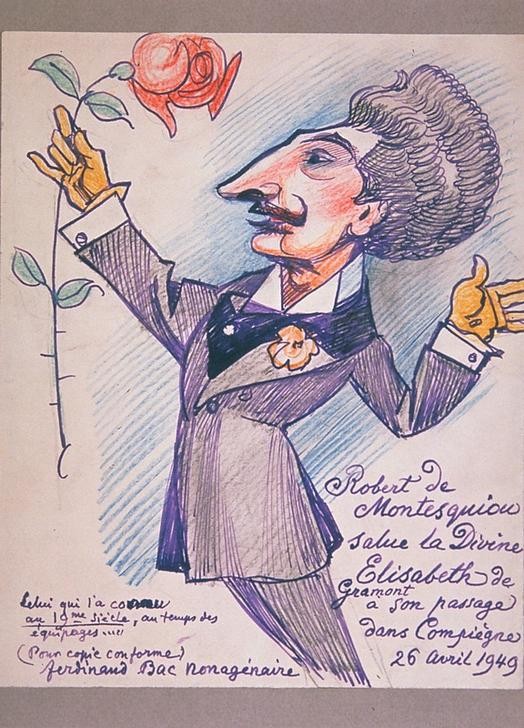 Ferdinand Bac, Unbekannt (DANDY,HANDSCHRIFT, LITERATUR, MANN, ROSE, SCHRIFTSTELLER, PORTRAIT, WIDMUNG, BLUME, PERSON, Karikatur, witzig, Komisch, Grafik,  Wunschgröße, Treppenhaus, Wohnzimmer)