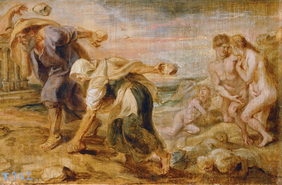 Peter Paul Rubens, Deukalion und Pyrrha (Kunst,Mythologie,Schöpfungsmythen,Stammesgeschichte Des Menschen,Barock,Akt,Allegorie,Erschaffung Des Menschen,Evolution,Anthropologie,Schöpfung,Griechisch-Römische Mythologie,Mythos)
