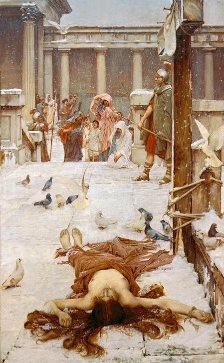 John William Waterhouse, Heilige Eulalia (Christenverfolgung,Christentum,Frau,Heilige,Kunst,Leiche,Meteorologie,Religion,Taube,Schnee,Wunder,Martyrium,Heiligenlegende,Scorcio,Englische Kunst,Halbakt,Rote Haare,Viktorianische Kunst,Märtyrerin,Handfessel)