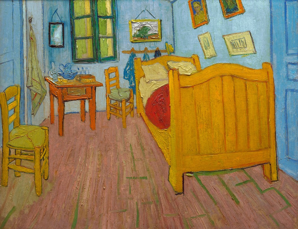 Vincent van Gogh, Das Schlafzimmer (Bett,Kunst,Maler (Künstler),Möbel,Schlafzimmer,Wohnung,Impressionismus,Tisch,Waschgeschirr,Interieur,Künstlerhaus (Wohnhaus),Niederländische Kunst,Handtuch,Ordnung,Stuhl,Bescheidenheit,Person)