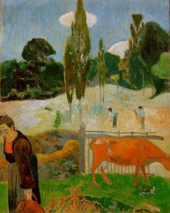 Paul Gauguin, Die rote Kuh (Bauer (Landwirt),Landschaft,Rinderzucht,Rind,Volkskunde,Bäuerin,Französische Kunst,Synthetismus,Landwirtschaft,Viehzucht,Krug)