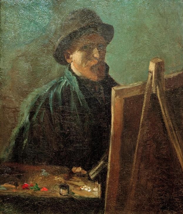 Vincent van Gogh, Selbstbildnis mit dunklem Fellhut vor der Staffelei (Kopfbedeckung,Künstlerleben,Künstler,Maler (Künstler),Mann,Staffelei,Impressionismus,Hut,Selbstbildnis,Künstler Bei Der Arbeit,Portrait,Palette,Niederländische Kunst,Person)