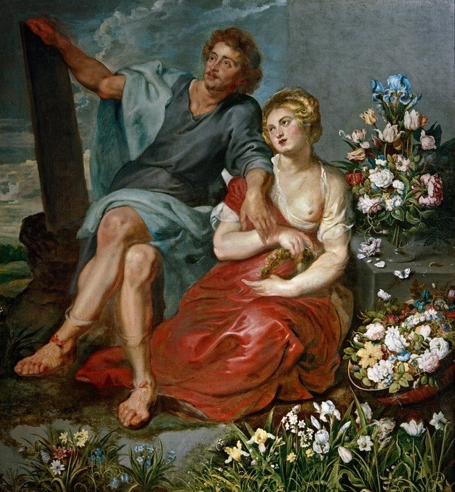 Peter Paul Rubens, Pausias und Glycera (Künstler Und Modell,Künstler,Liebespaar,Maler (Künstler),Szene,Blumenkranz,Barock,Stillleben,Geliebte,Blumenstrauss,Niederländische Kunst,Blume,Kranzwinden,Person)