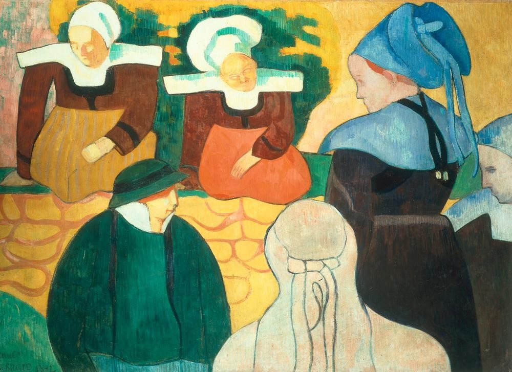 Emile Bernard, Bretonische Frauen an Mauer (Volkskunde, bretonische Frauen, Tracht,  Hauben, Landleben, Mauer,  Malerei, Cloisonismus, Klassische Moderne,  Wohnzimmer, Wunschgröße, bunt)