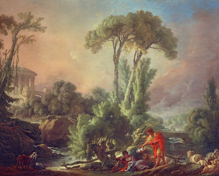 Francois Boucher, Flußlandschaft mit antikem Tempel (Kunst,Landschaft,Liebespaar,Ruine,Tempel,Hirte,Fluss,Rokoko,Pastorale,Bukolik,Schaf,Französische Kunst,Bach,Heile Welt,Antikenrezeption,Ruinenlandschaft,Ausruhen,Hirtin,Schäferin,Schäfer)