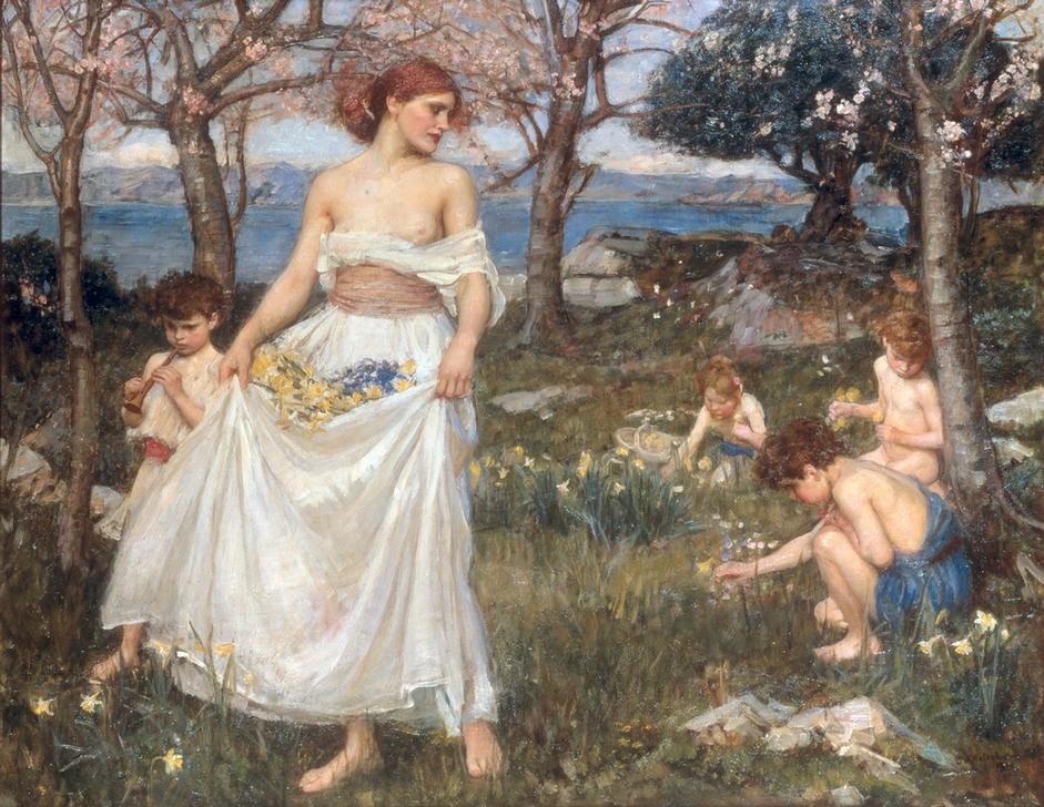 John William Waterhouse, A Song of Springtime (Baumblüte,Frau,Jahr Und Kalender,Jahreszeiten,Kind,Kunst,Mythologie,Symbolismus,Frühling,Busen,Allegorie,Präraffaeliten,Englische Kunst,Barfuss,Blumenpflücken,Osterglocken,Personifizierung)
