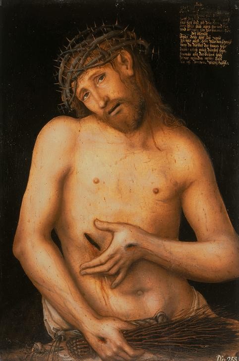 Lucas Cranach der Ältere, Ecce homo (Blut,Christentum,Deutsche Kunst,Kunst,Religion,Renaissance,Neues Testament,Bibel,Wunde,Leidenswerkzeuge Christi,Martyrium,Schmerzensmann,Ecce Homo,Andachtsbild,Geissel,Passion Christi,Wundmale,Dornenkrone,Inschrift,Blick Aus Dem Bild,Schrift)