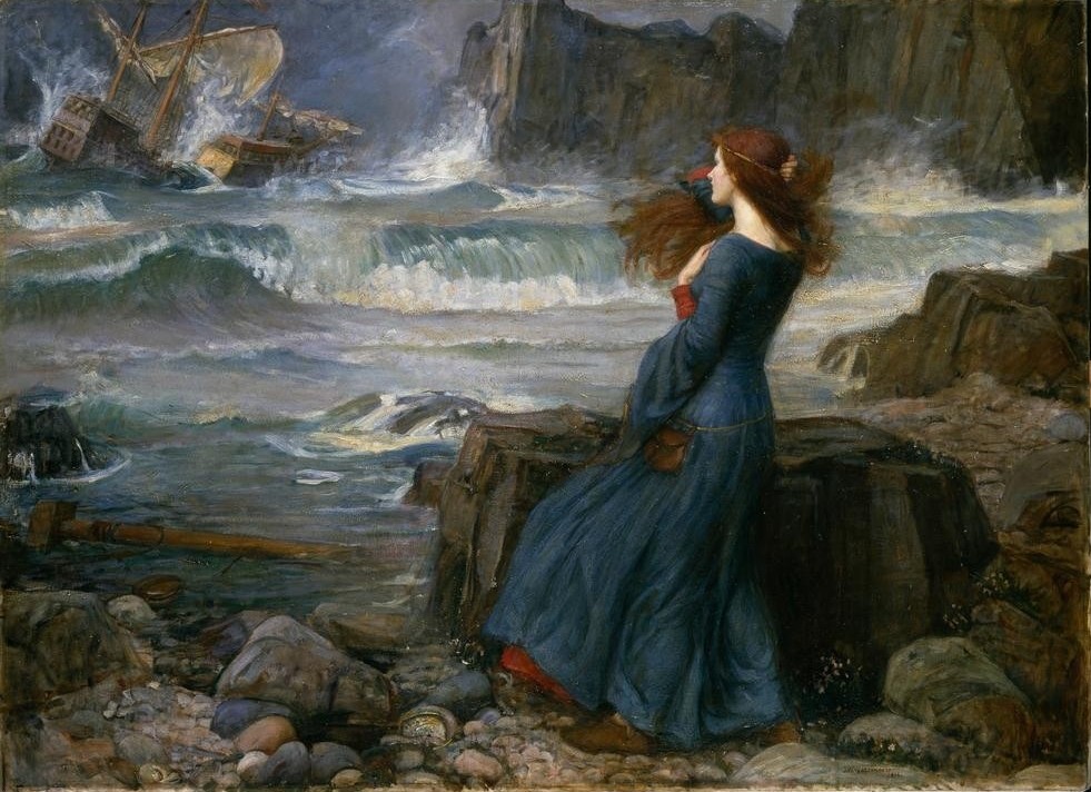 John William Waterhouse, Miranda – The Tempest (Küste,Kunst,Literatur,Theater,Meer,Brandung,Seenot,Englische Kunst,Schauspiel,Illustration,Schiffbruch,Person)