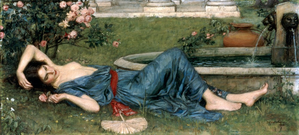 John William Waterhouse, Sweet Summer (Frau,Garten Und Park,Jahreszeiten,Kunst,Menschen Im Park,Sommer,Brunnen,Präraffaeliten,Englische Kunst,Menschen Im Garten,Hitze,Ausruhen,Nichtstun,Junge Frau,Entspannung,Liegen)