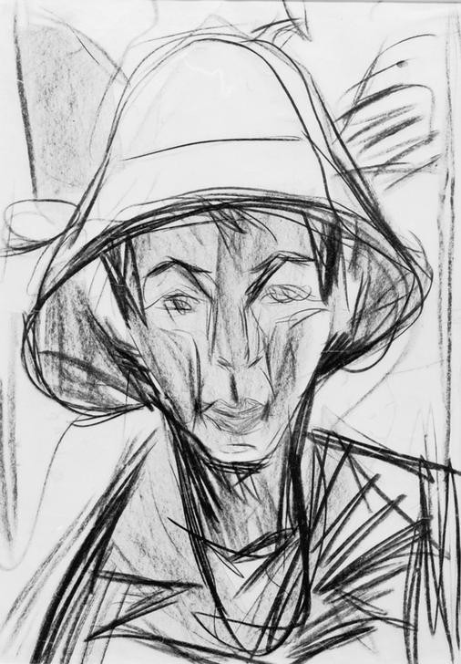Ernst Ludwig Kirchner, Selbstbildnis mit Hirtenhut (Bildhauer,Deutsche Kunst,Grafiker,Kopfbedeckung,Künstler,Maler (Künstler),Mann,Selbstbildnis,Portrait,Kopf,Schlapphut,Person)