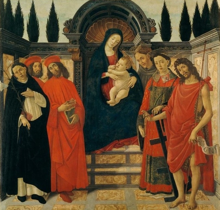 Sandro Botticelli, Maria mit Kind und Heiligen (Heilige,Religion,Renaissance,Maria Mit Kind,Sacra Conversazione,Bibel,Italienische Kunst,Thron,Jesusknabe,Frührenaissance)