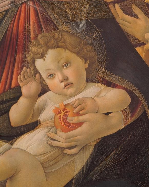 Sandro Botticelli, Maria mit dem Kinde und sechs Engeln (Christentum,Kunst,Religion,Renaissance,Maria Mit Kind,Neues Testament,Bibel,Italienische Kunst,Granatapfel,Jesusknabe)