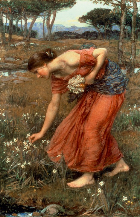 John William Waterhouse, Narcissus (Frau,Jahreszeiten,Kunst,Freizeit,Spaziergang,Frühling,Wiese,Reise,Präraffaeliten,Englische Kunst,Narzisse,Barfuss,Blumenpflücken,Frauenleben,Osterglocken,Blume)